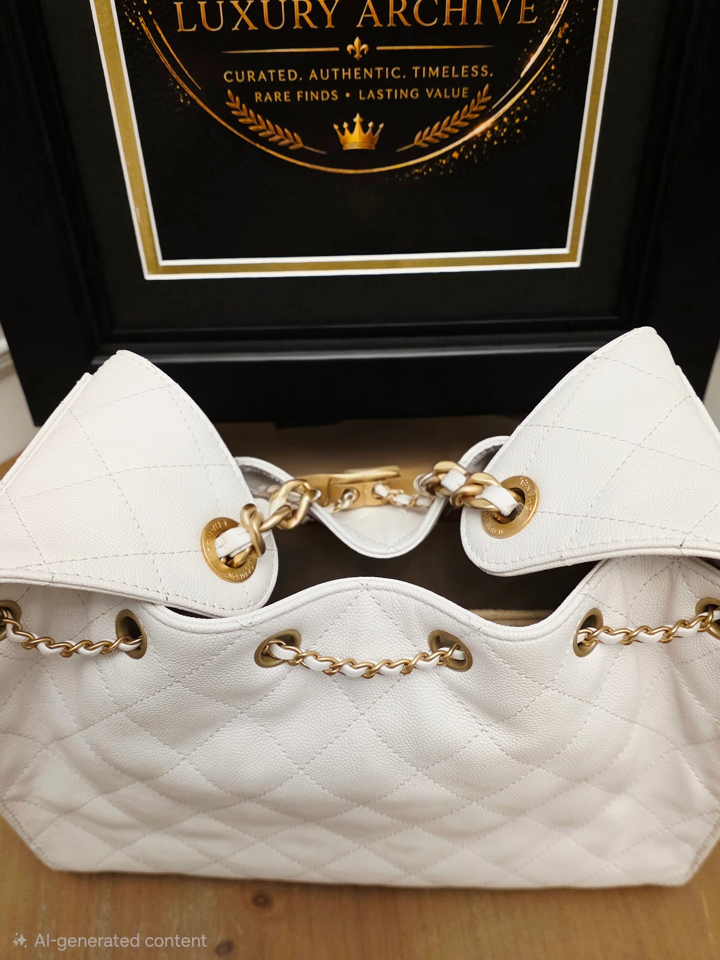Chanel 25 White Quilted Caviar Leather Small/Medium Bucket Tote Bag Gold Hardware Full Set