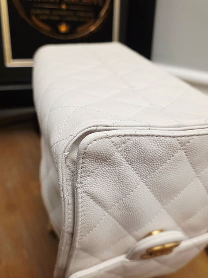 Chanel 25 White Quilted Caviar Leather Small/Medium Bucket Tote Bag Gold Hardware Full Set