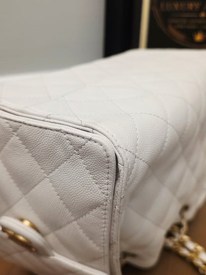 Chanel 25 White Quilted Caviar Leather Small/Medium Bucket Tote Bag Gold Hardware Full Set
