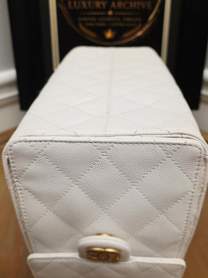 Chanel 25 White Quilted Caviar Leather Small/Medium Bucket Tote Bag Gold Hardware Full Set