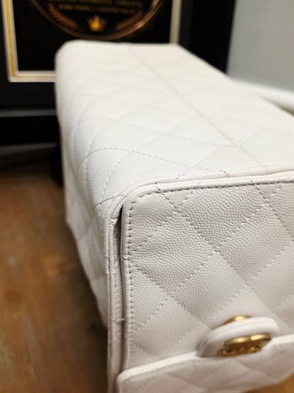 Chanel 25 White Quilted Caviar Leather Small/Medium Bucket Tote Bag Gold Hardware Full Set