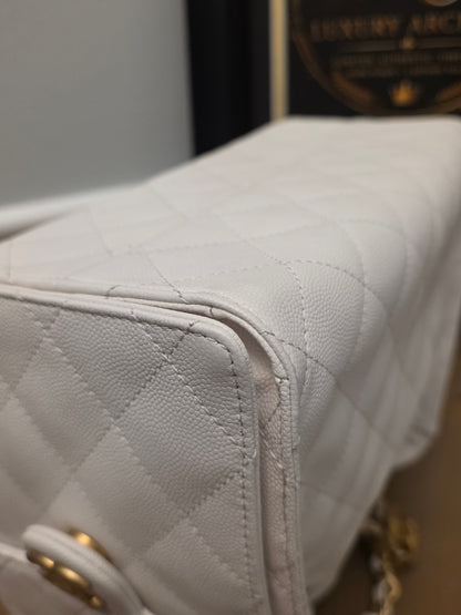 Chanel 25 White Quilted Caviar Leather Small/Medium Bucket Tote Bag Gold Hardware Full Set