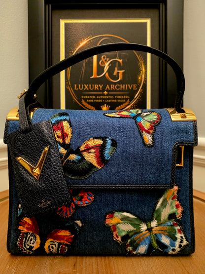 Valentino Garavani My Rockstud Denim Butterfly Embroidered Top Handle Bag Black Leather Gold Hardware