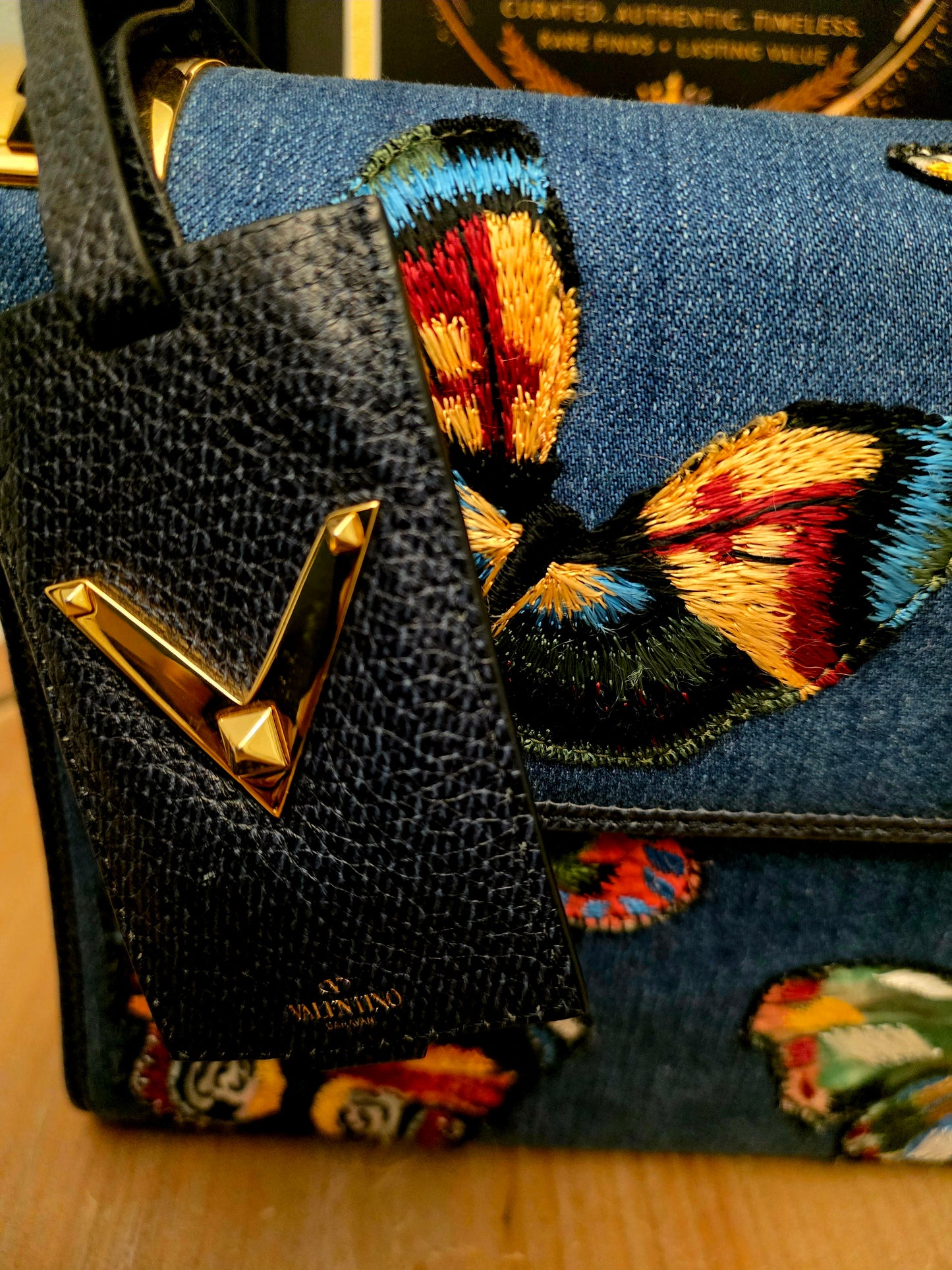 Valentino Garavani My Rockstud Denim Butterfly Embroidered Top Handle Bag Black Leather Gold Hardware