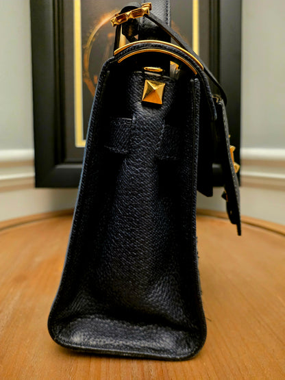 Valentino Garavani My Rockstud Denim Butterfly Embroidered Top Handle Bag Black Leather Gold Hardware
