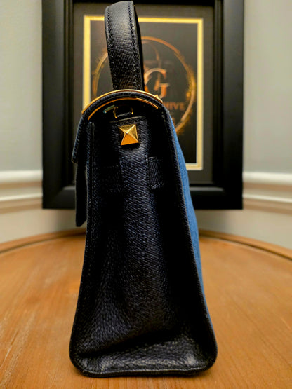 Valentino Garavani My Rockstud Denim Butterfly Embroidered Top Handle Bag Black Leather Gold Hardware