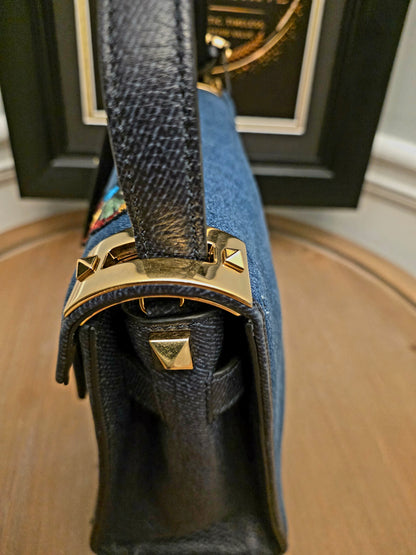 Valentino Garavani My Rockstud Denim Butterfly Embroidered Top Handle Bag Black Leather Gold Hardware
