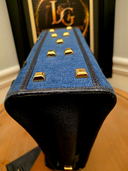 Valentino Garavani My Rockstud Denim Butterfly Embroidered Top Handle Bag Black Leather Gold Hardware