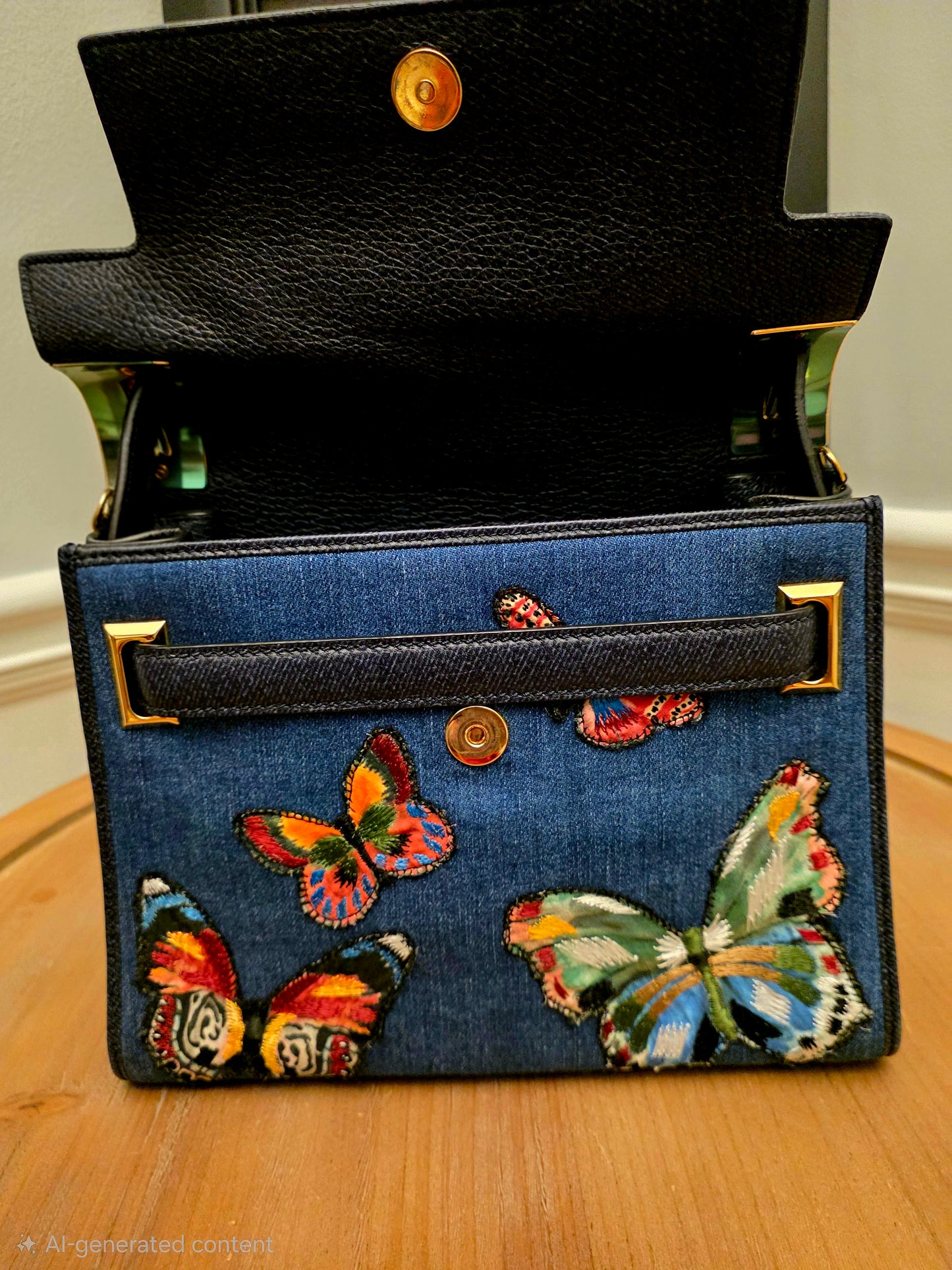 Valentino Garavani My Rockstud Denim Butterfly Embroidered Top Handle Bag Black Leather Gold Hardware