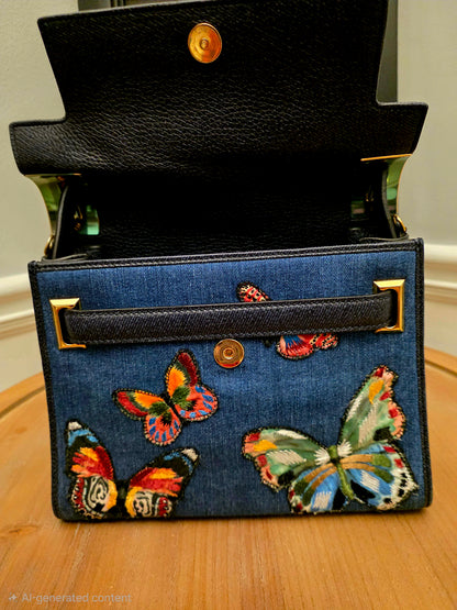 Valentino Garavani My Rockstud Denim Butterfly Embroidered Top Handle Bag Black Leather Gold Hardware
