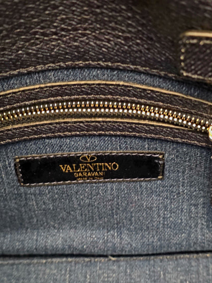 Valentino Garavani My Rockstud Denim Butterfly Embroidered Top Handle Bag Black Leather Gold Hardware