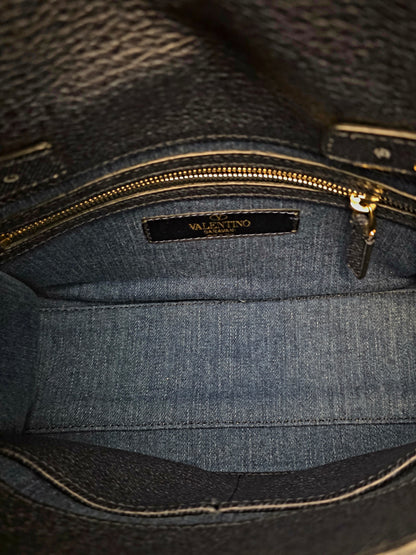 Valentino Garavani My Rockstud Denim Butterfly Embroidered Top Handle Bag Black Leather Gold Hardware