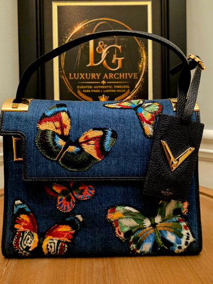 Valentino Garavani My Rockstud Denim Butterfly Embroidered Top Handle Bag Black Leather Gold Hardware