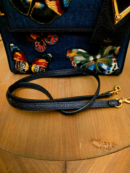Valentino Garavani My Rockstud Denim Butterfly Embroidered Top Handle Bag Black Leather Gold Hardware