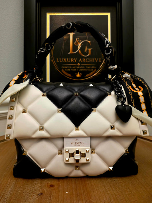 Valentino Garavani Roman Stud The Handle Bag Black Ivory Quilted Leather Large Top Handle Shoulder Bag