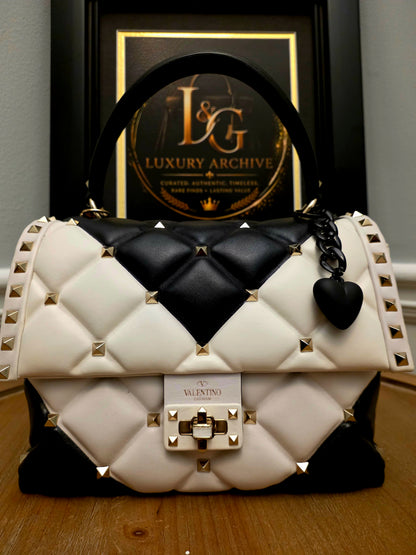 Valentino Garavani Roman Stud The Handle Bag Black Ivory Quilted Leather Large Top Handle Shoulder Bag