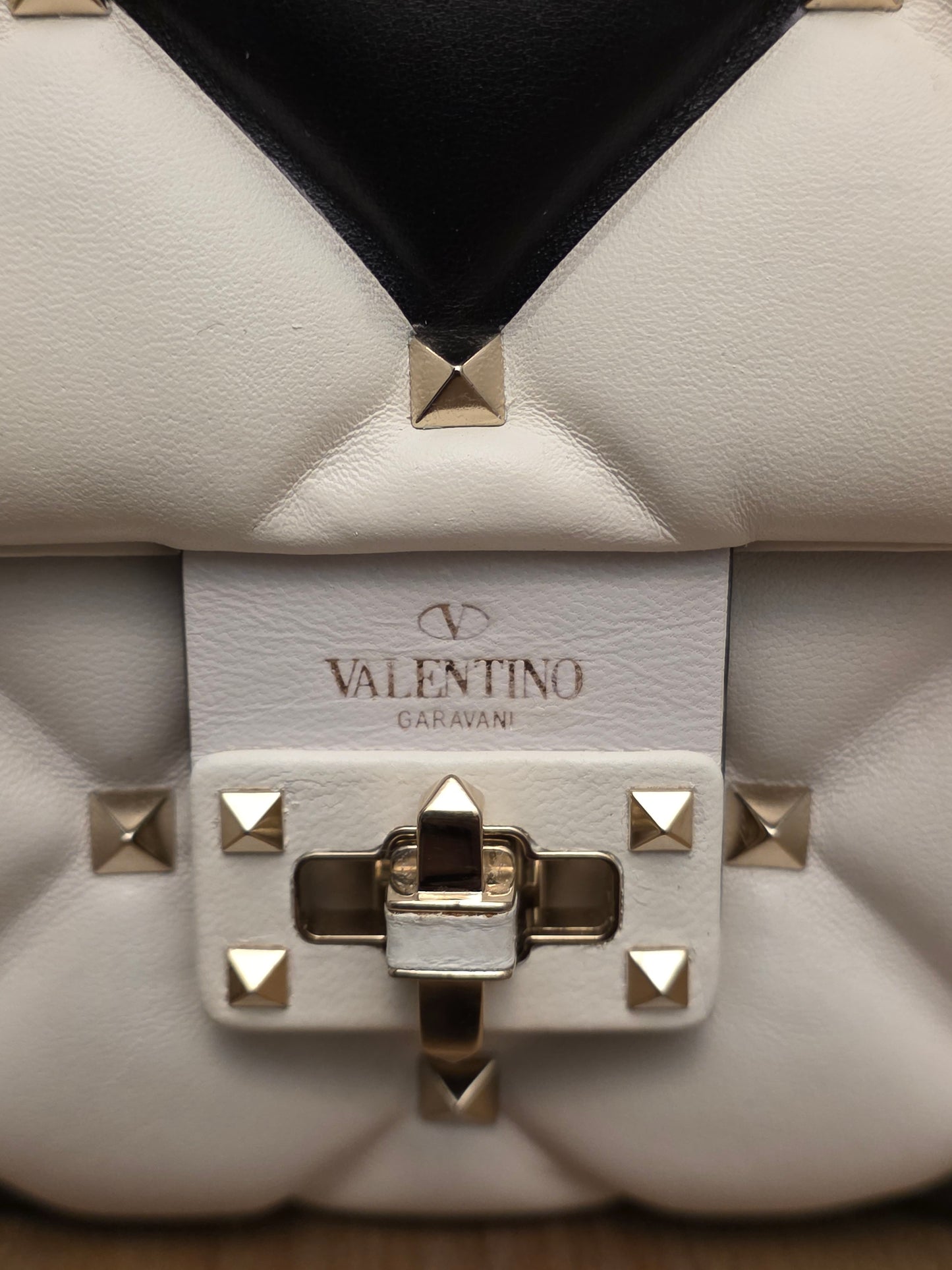 Valentino Garavani Roman Stud The Handle Bag Black Ivory Quilted Leather Large Top Handle Shoulder Bag