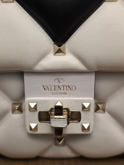 Valentino Garavani Roman Stud The Handle Bag Black Ivory Quilted Leather Large Top Handle Shoulder Bag