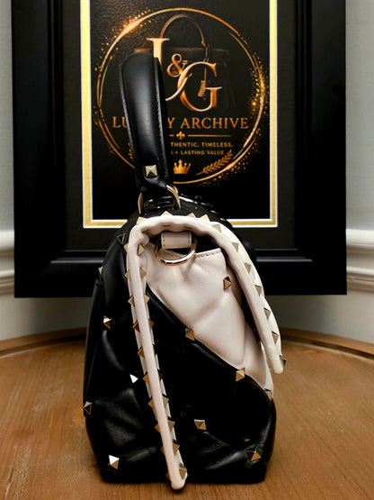 Valentino Garavani Roman Stud The Handle Bag Black Ivory Quilted Leather Large Top Handle Shoulder Bag