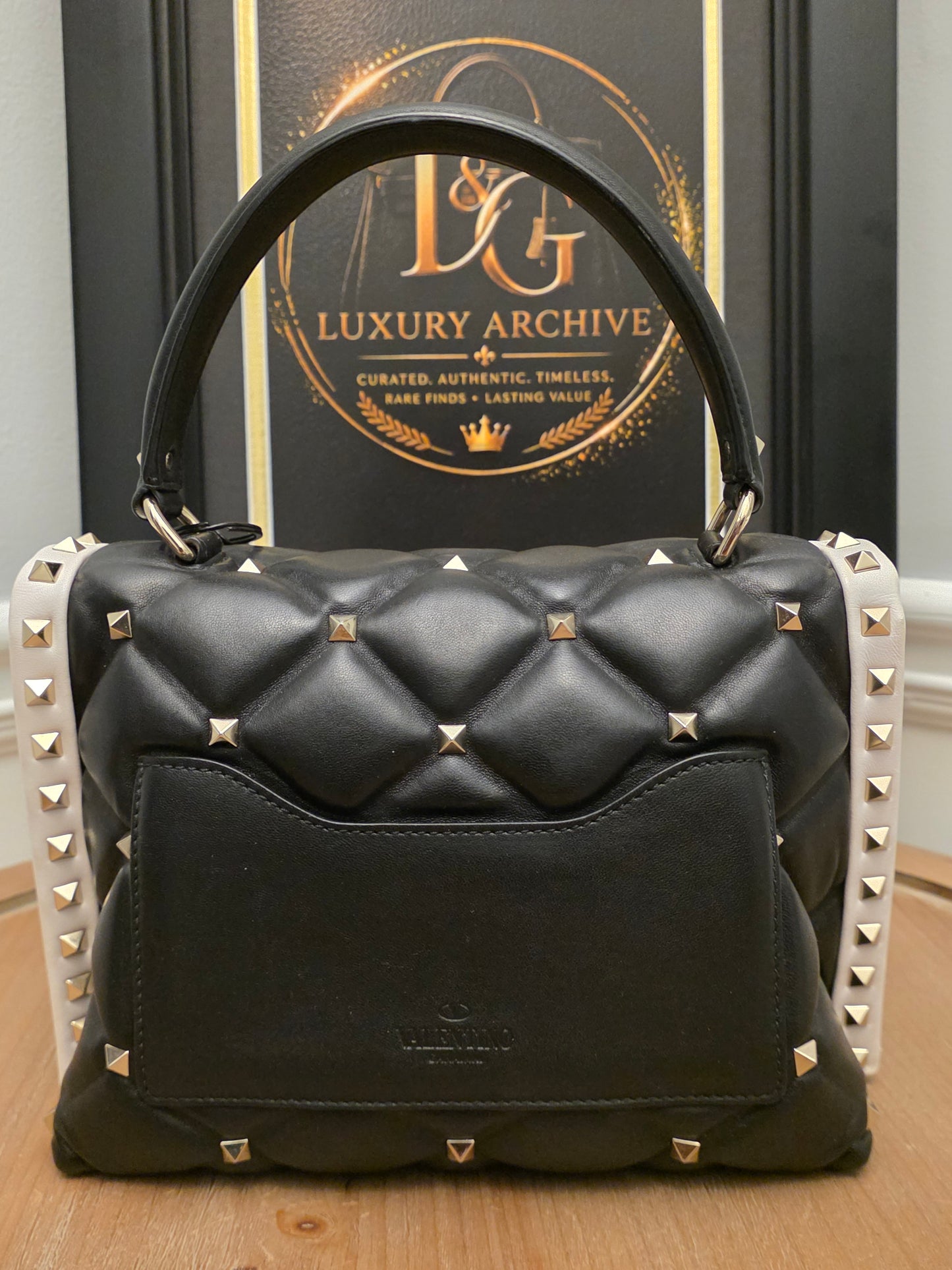Valentino Garavani Roman Stud The Handle Bag Black Ivory Quilted Leather Large Top Handle Shoulder Bag