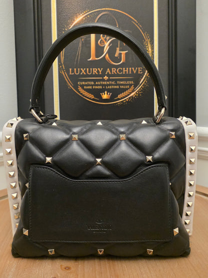 Valentino Garavani Roman Stud The Handle Bag Black Ivory Quilted Leather Large Top Handle Shoulder Bag