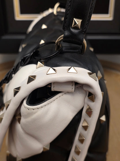 Valentino Garavani Roman Stud The Handle Bag Black Ivory Quilted Leather Large Top Handle Shoulder Bag