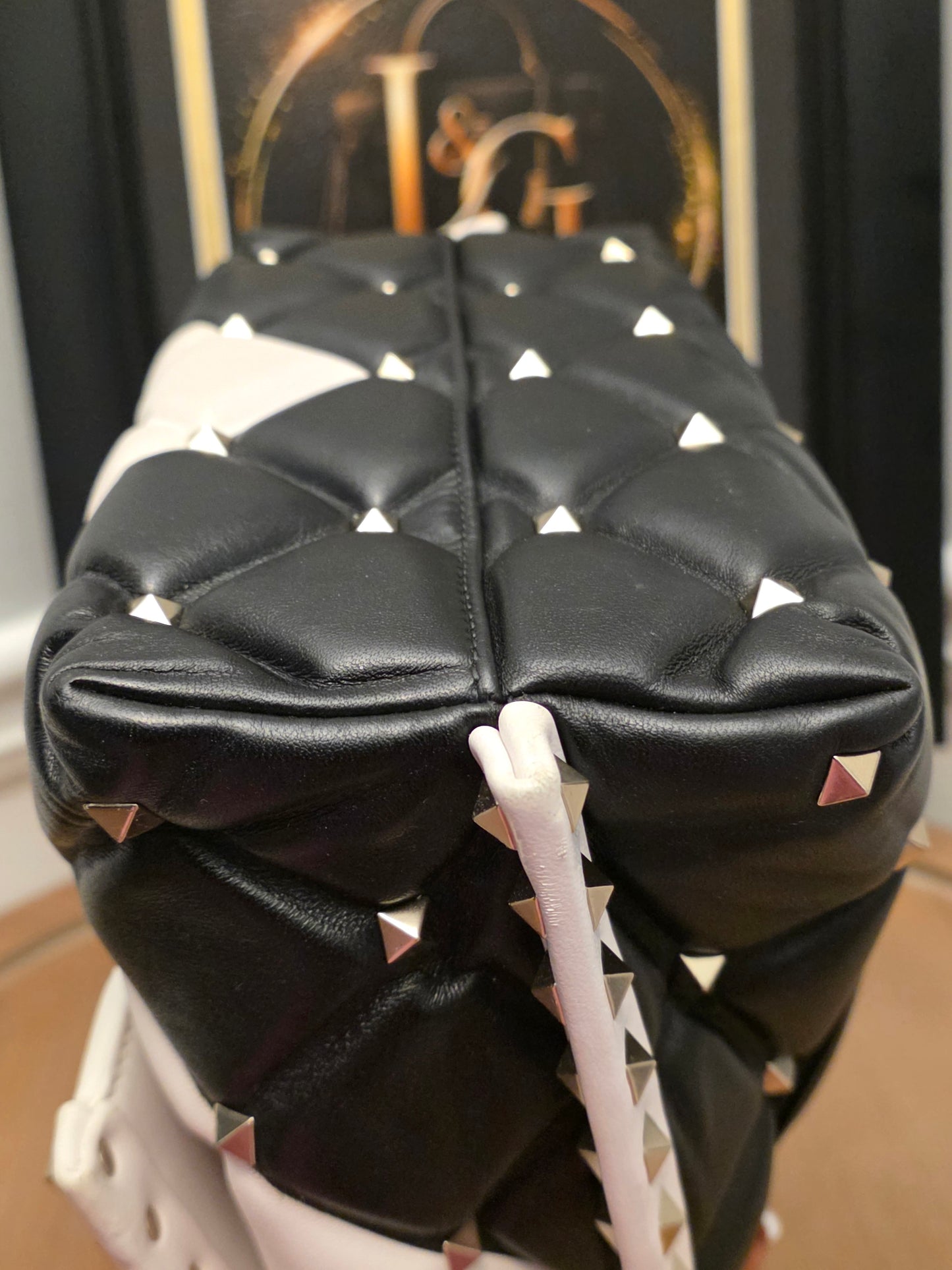 Valentino Garavani Roman Stud The Handle Bag Black Ivory Quilted Leather Large Top Handle Shoulder Bag
