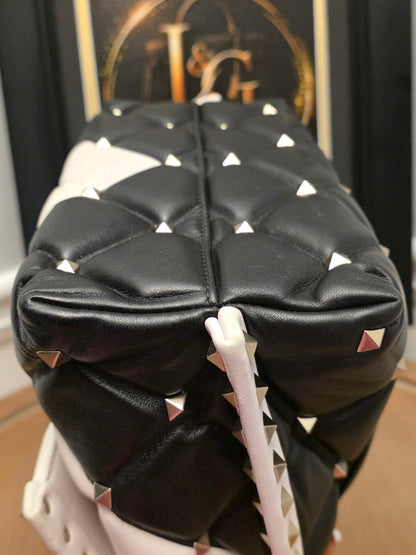 Valentino Garavani Roman Stud The Handle Bag Black Ivory Quilted Leather Large Top Handle Shoulder Bag
