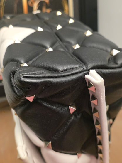 Valentino Garavani Roman Stud The Handle Bag Black Ivory Quilted Leather Large Top Handle Shoulder Bag
