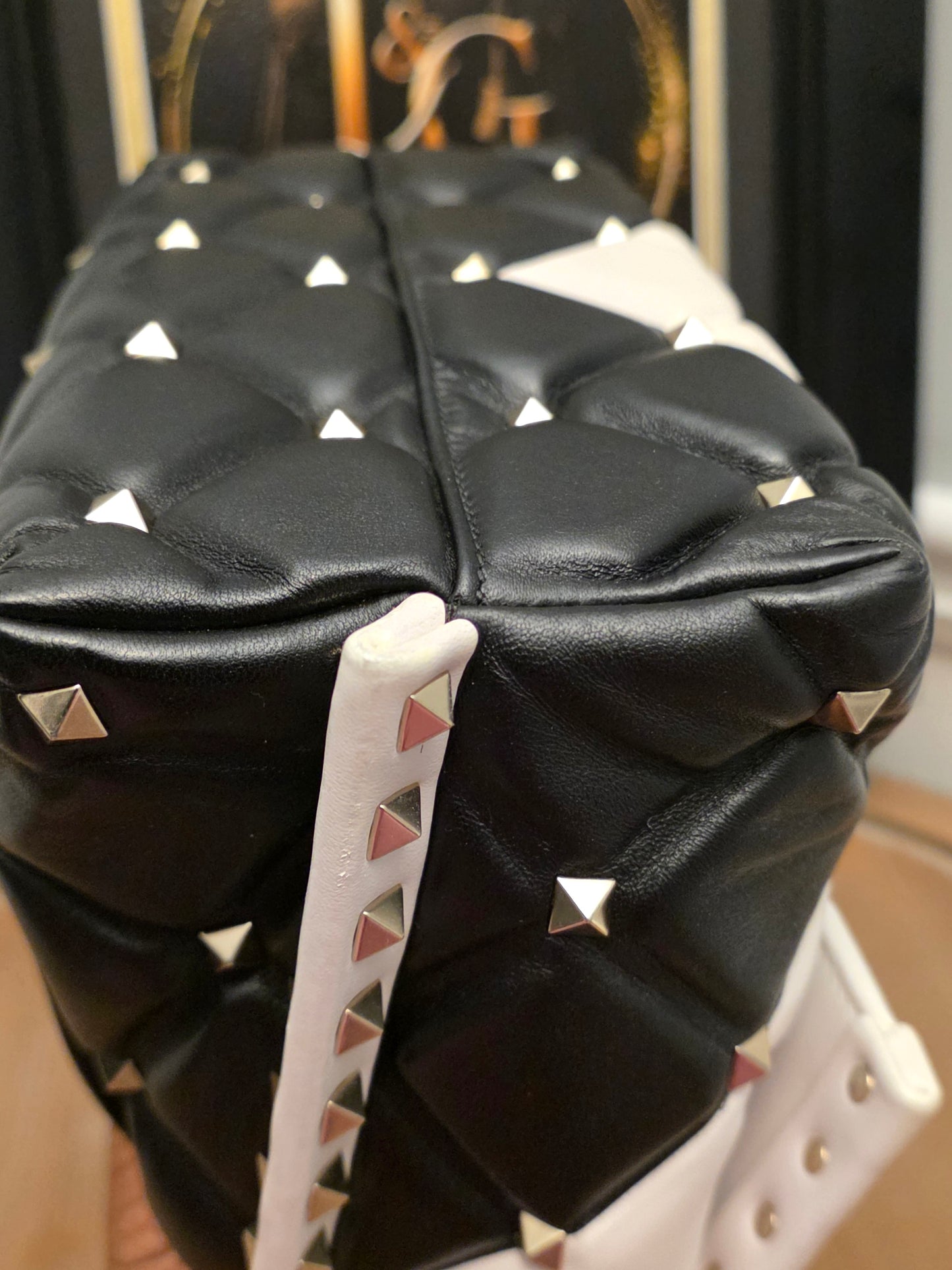 Valentino Garavani Roman Stud The Handle Bag Black Ivory Quilted Leather Large Top Handle Shoulder Bag
