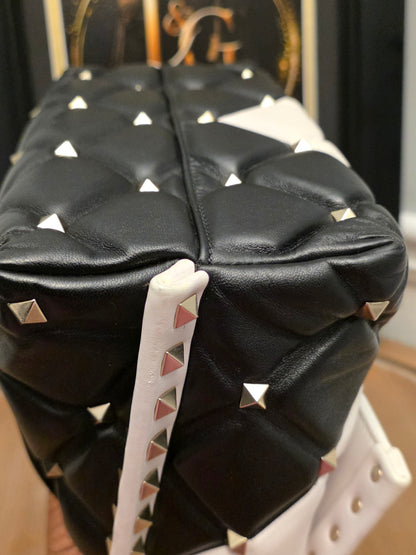 Valentino Garavani Roman Stud The Handle Bag Black Ivory Quilted Leather Large Top Handle Shoulder Bag