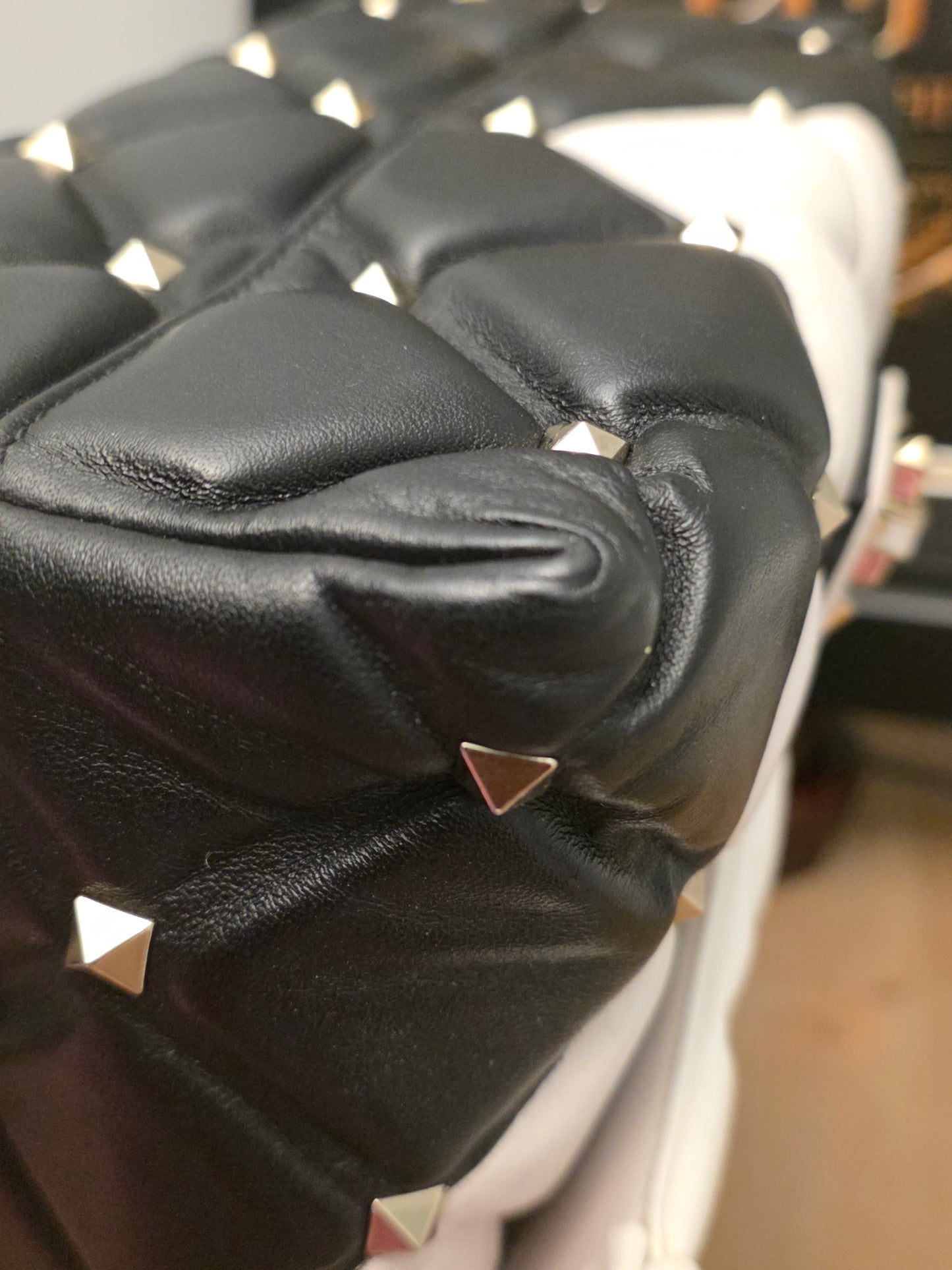 Valentino Garavani Roman Stud The Handle Bag Black Ivory Quilted Leather Large Top Handle Shoulder Bag
