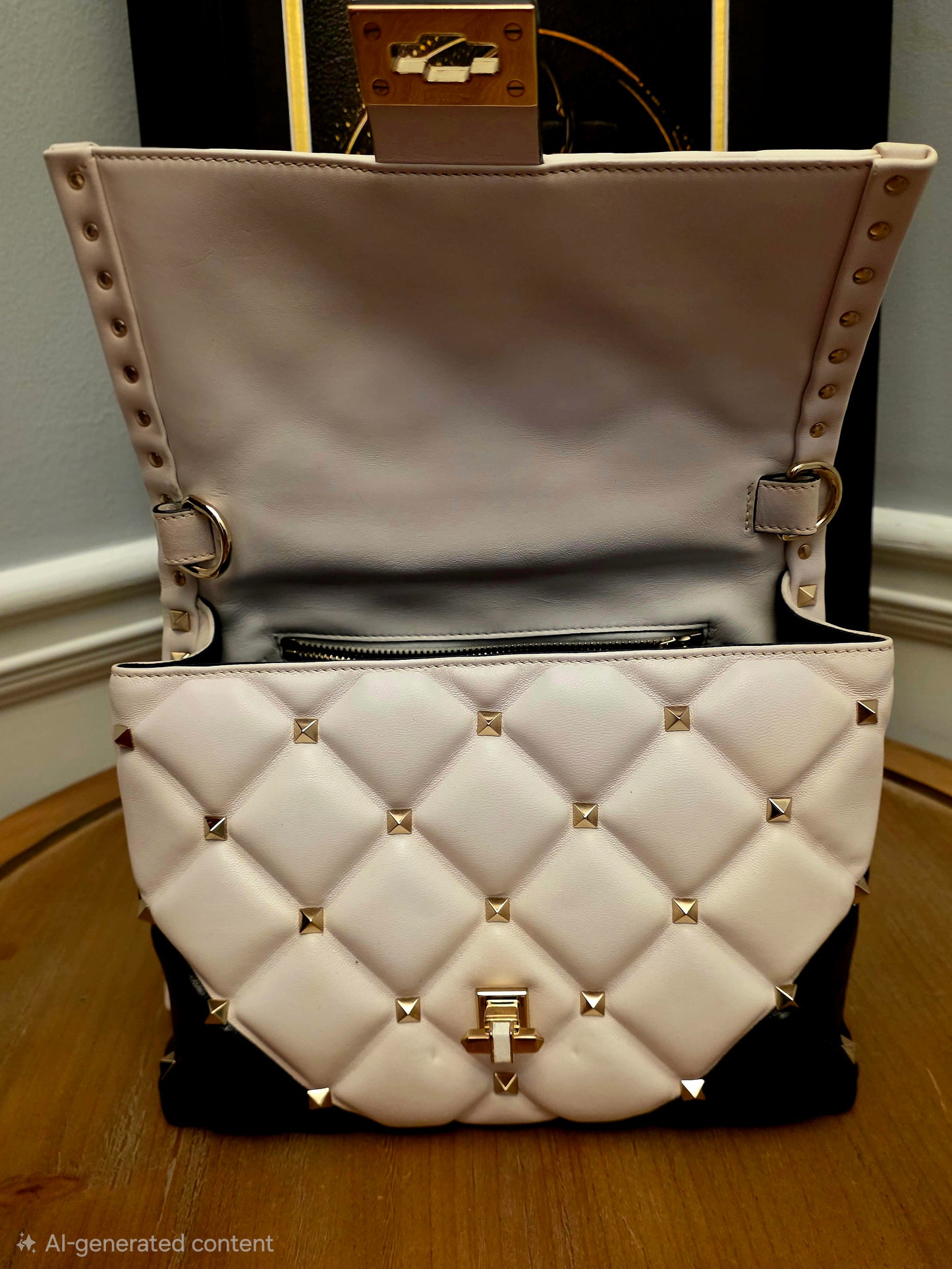 Valentino Garavani Roman Stud The Handle Bag Black Ivory Quilted Leather Large Top Handle Shoulder Bag