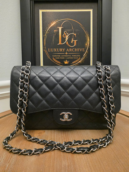 Chanel Jumbo Classic Double Flap Bag Black Caviar Leather Silver Hardware