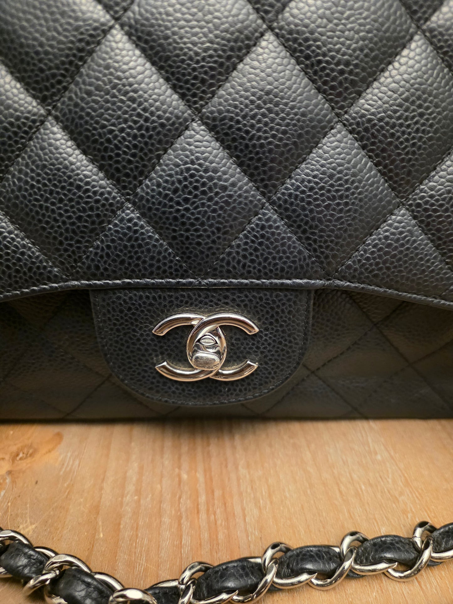 Chanel Jumbo Classic Double Flap Bag Black Caviar Leather Silver Hardware