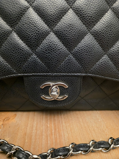 Chanel Jumbo Classic Double Flap Bag Black Caviar Leather Silver Hardware