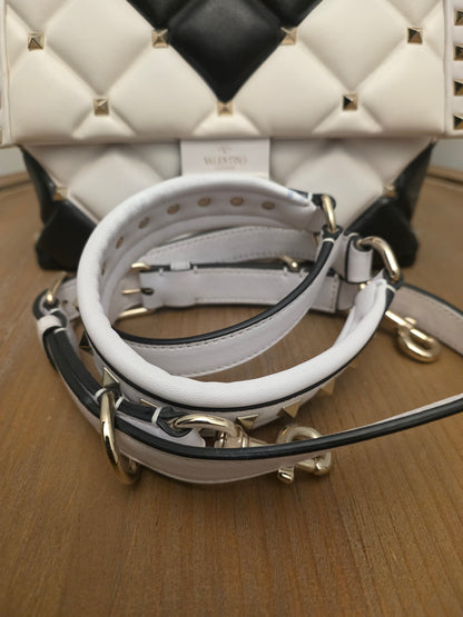 Valentino Garavani Roman Stud The Handle Bag Black Ivory Quilted Leather Large Top Handle Shoulder Bag