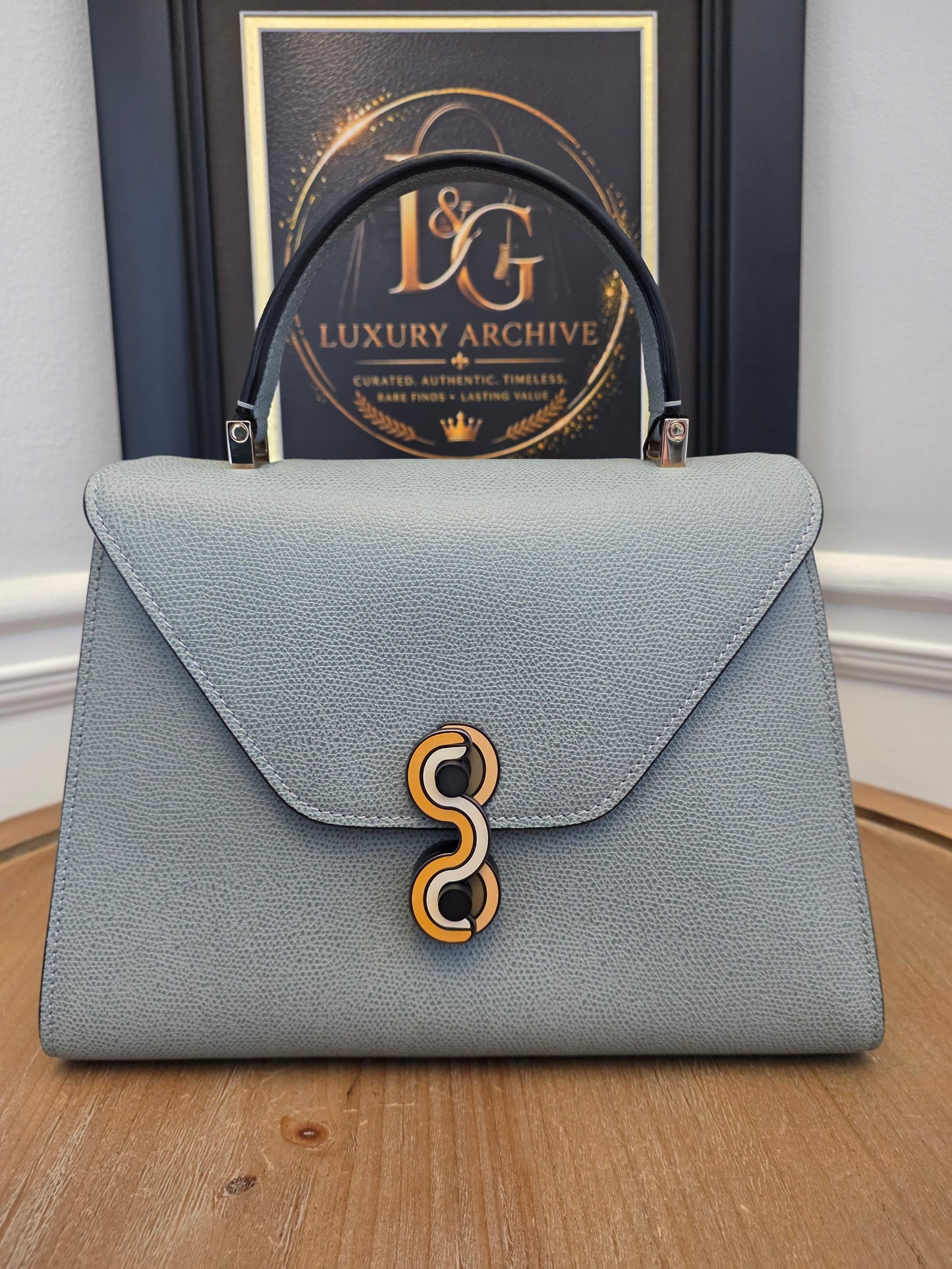 Valextra Light Blue Leather Top Handle Bag with Shoulder Strap