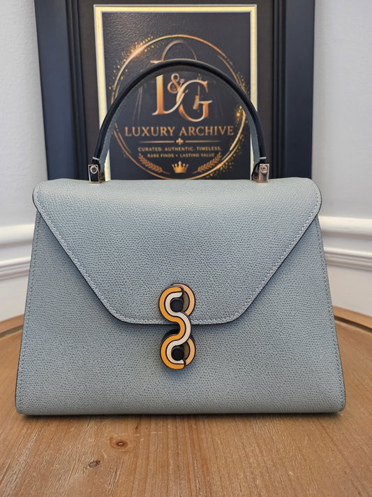 Valextra Light Blue Leather Top Handle Bag with Shoulder Strap