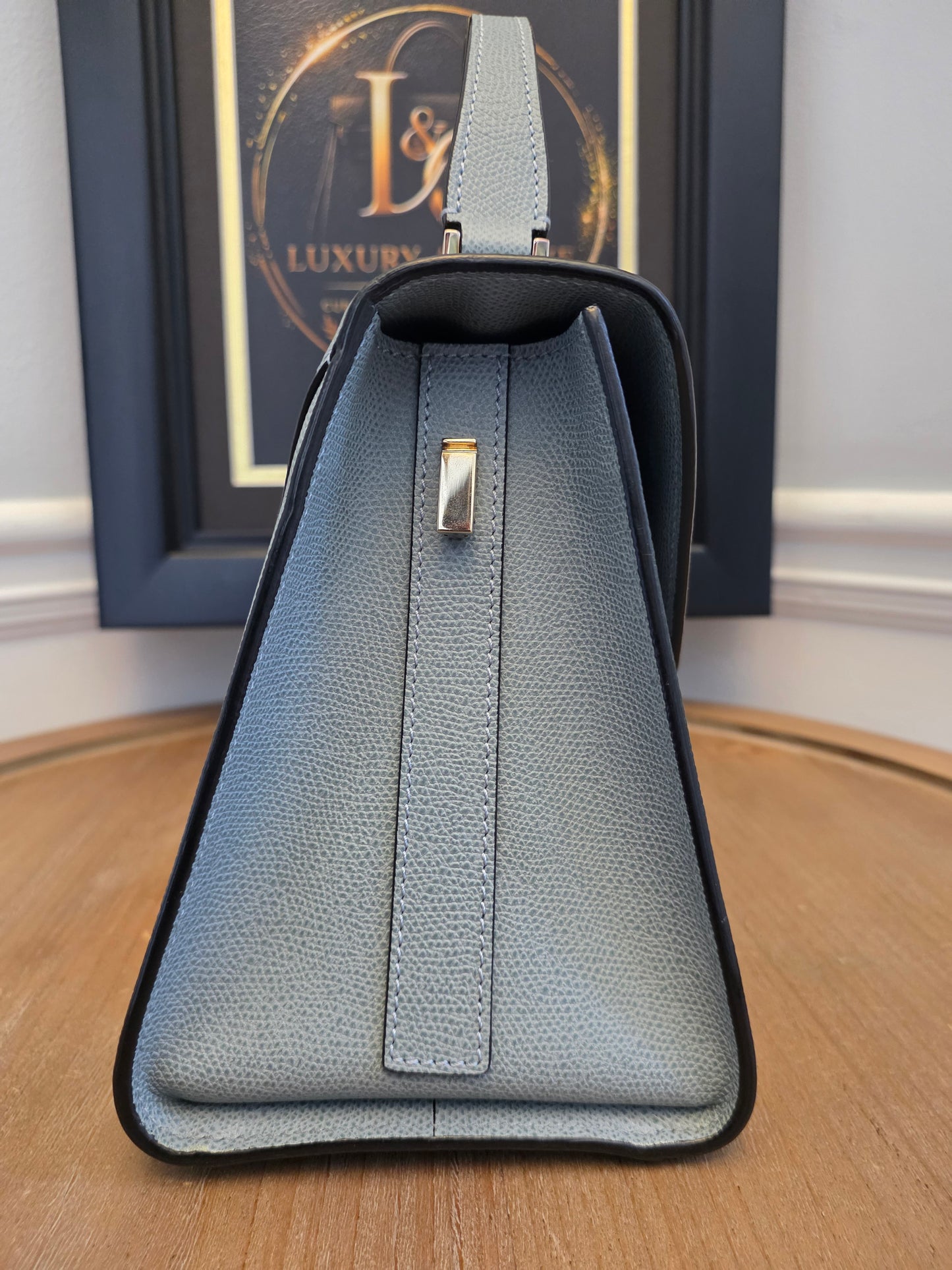 Valextra Light Blue Leather Top Handle Bag with Shoulder Strap