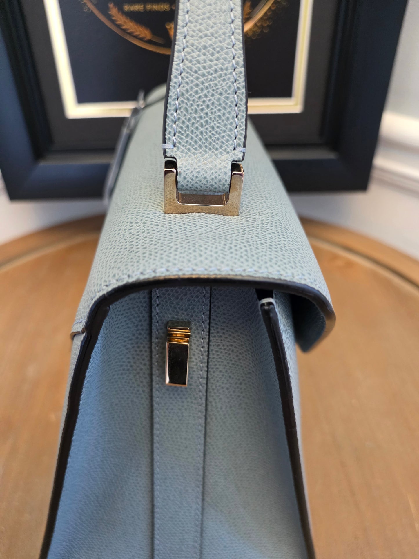 Valextra Light Blue Leather Top Handle Bag with Shoulder Strap
