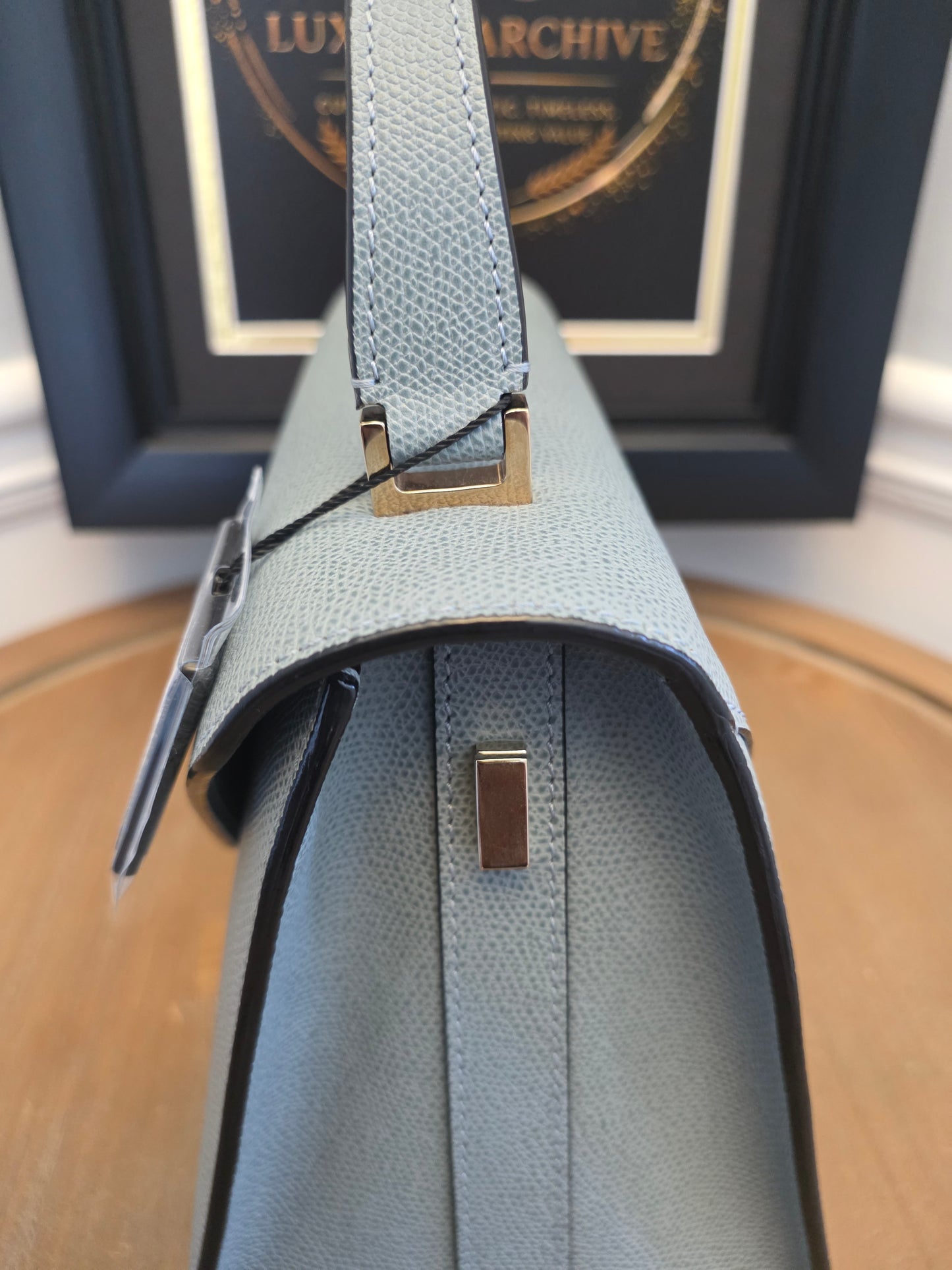 Valextra Light Blue Leather Top Handle Bag with Shoulder Strap