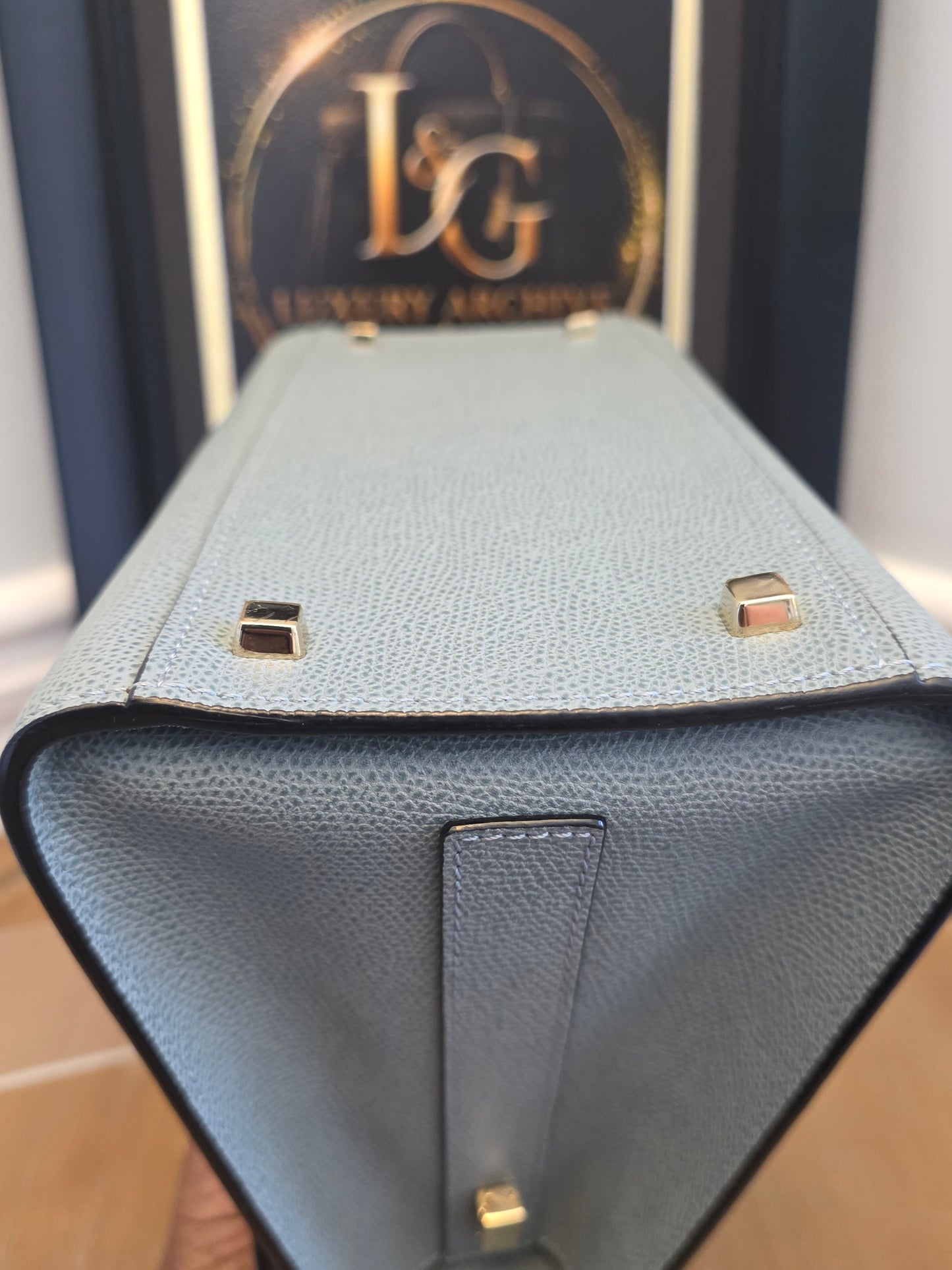 Valextra Light Blue Leather Top Handle Bag with Shoulder Strap