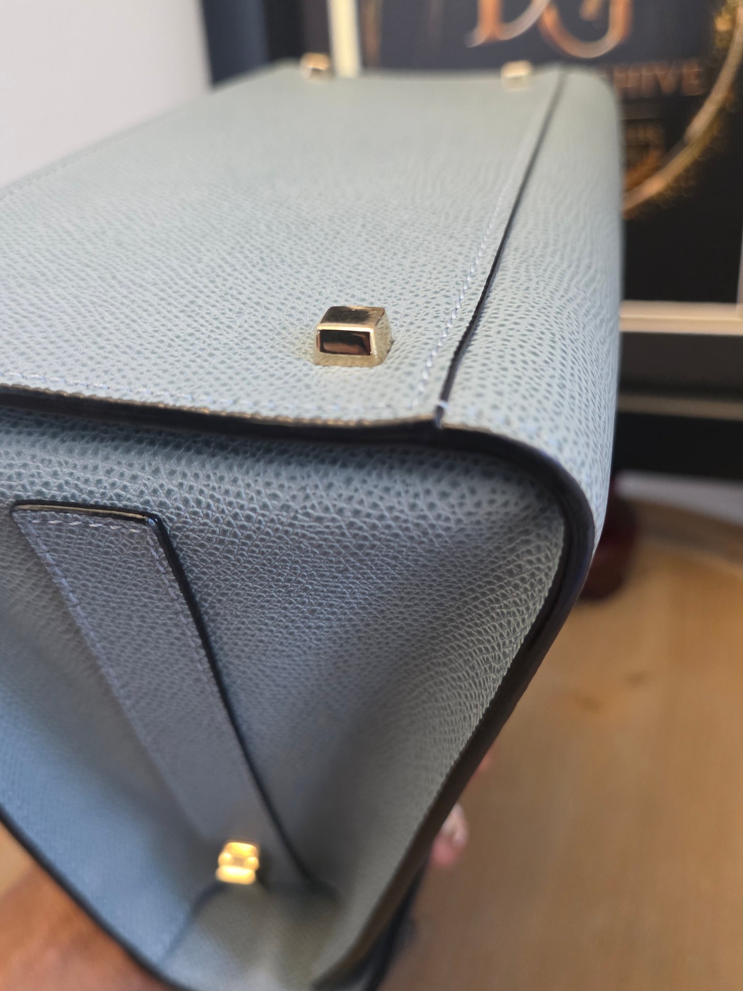 Valextra Light Blue Leather Top Handle Bag with Shoulder Strap