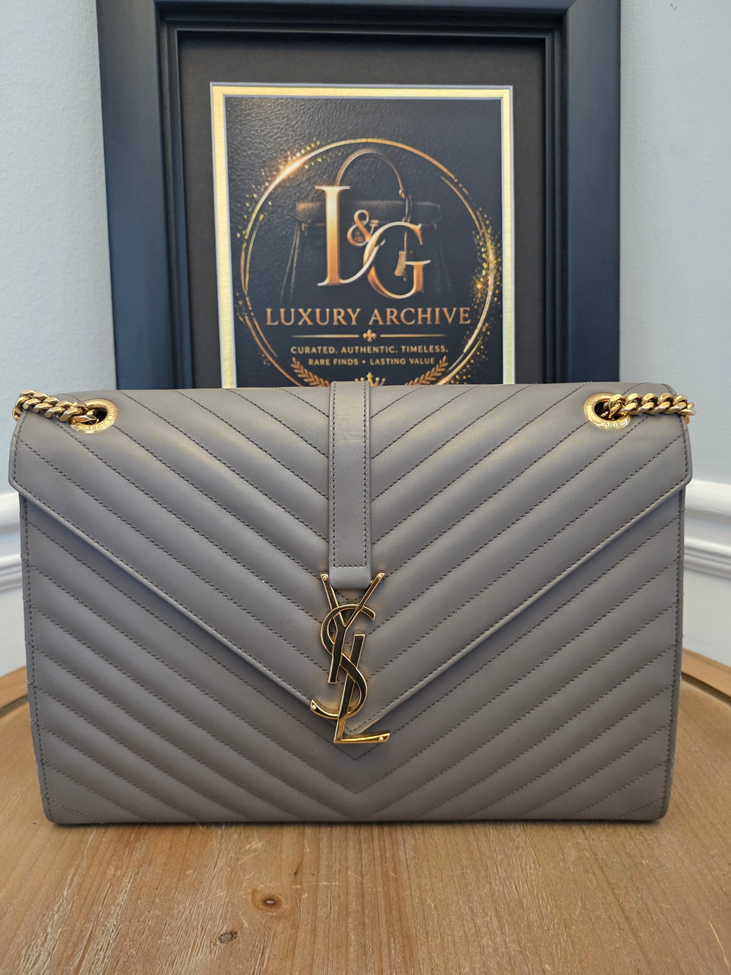 Saint Laurent Large Envelope Chain Shoulder Bag Grey Chevron Quilted Leather Gold Hardware Authentic