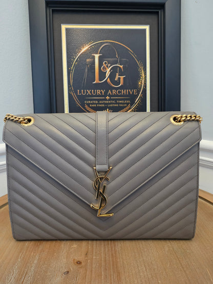Saint Laurent Large Envelope Chain Shoulder Bag Grey Chevron Quilted Leather Gold Hardware Authentic