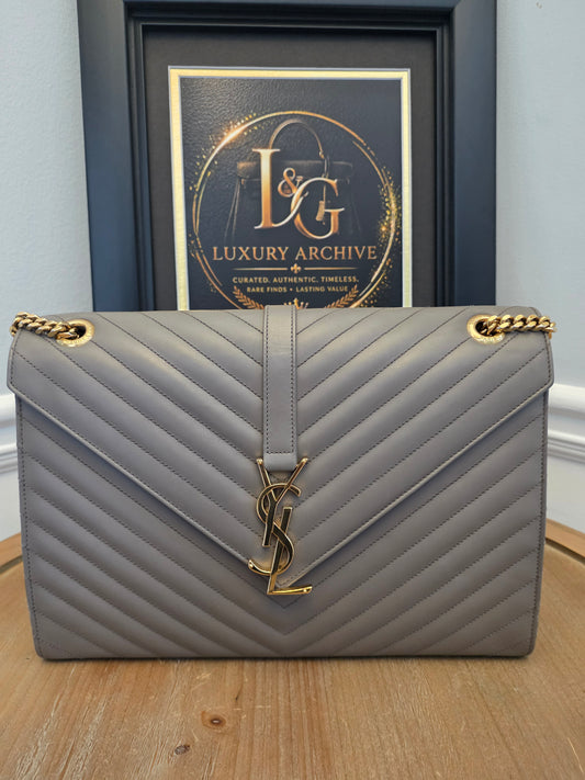 Saint Laurent Large Envelope Chain Shoulder Bag Grey Chevron Quilted Leather Gold Hardware Authentic