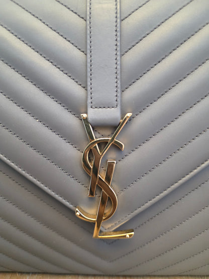 Saint Laurent Large Envelope Chain Shoulder Bag Grey Chevron Quilted Leather Gold Hardware Authentic