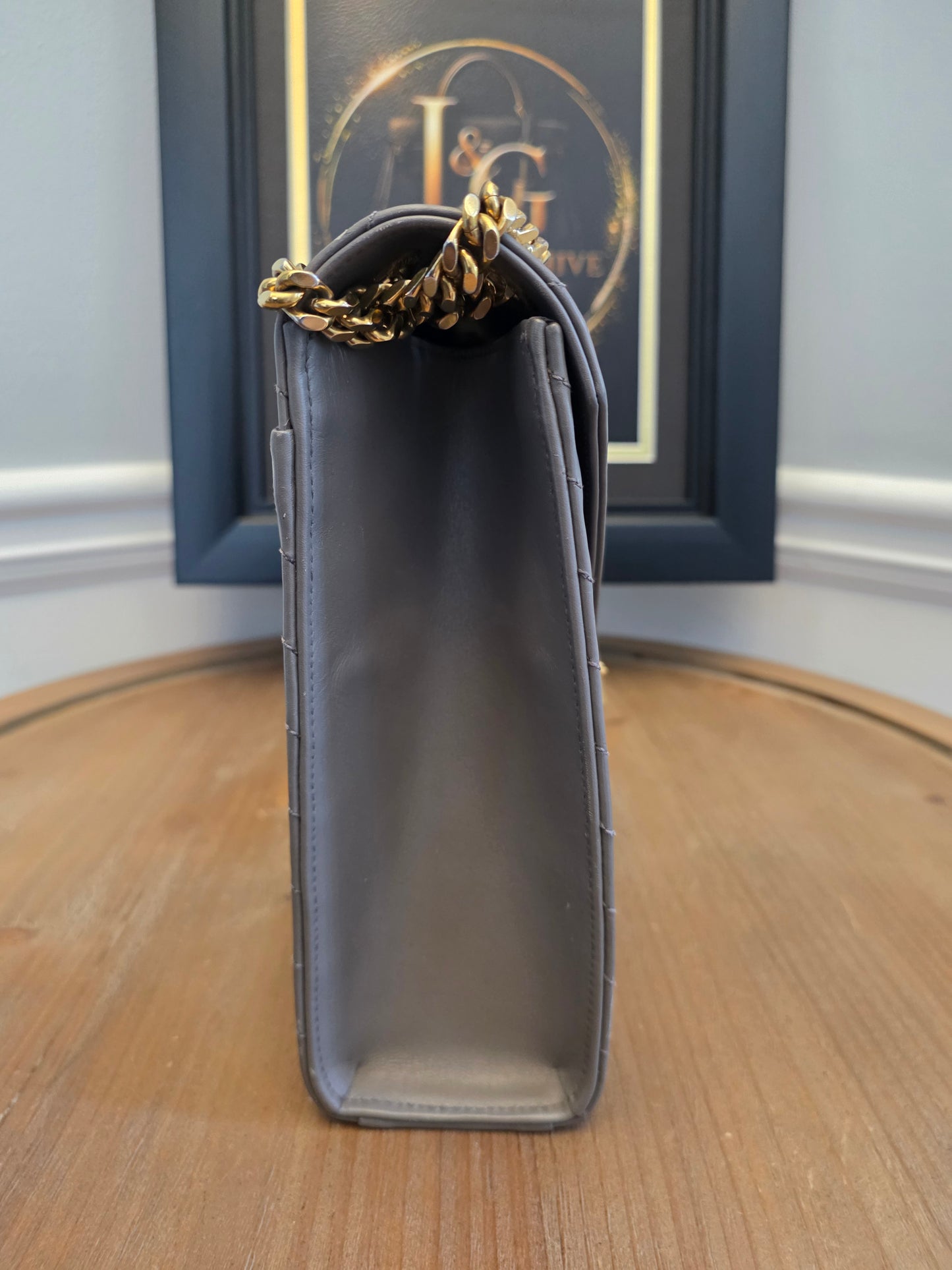 Saint Laurent Large Envelope Chain Shoulder Bag Grey Chevron Quilted Leather Gold Hardware Authentic