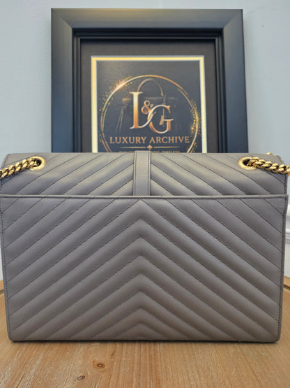 Saint Laurent Large Envelope Chain Shoulder Bag Grey Chevron Quilted Leather Gold Hardware Authentic